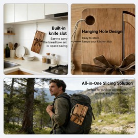 Wooden Manual Bread Bow Set with Storage Bag & Spoon, Bread Bow Knife and Board built-in slicing slot with Hole Design Easy to Store, Bow Knife and Board Set for Outdoor Picnic