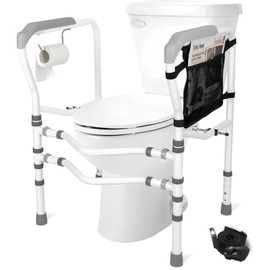 Eazy Foldable Toilet Safety Rail with Adjustable Height and Width, 360° Clamps, Durable Bathroom Support Frame for Elderly and Disabled with Handles, 300lb Capacity (Grey)