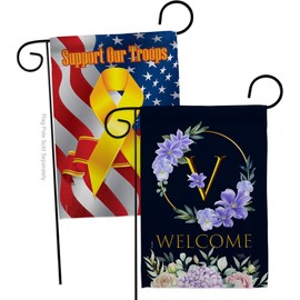 Welcome V Initial Garden Flags Pack Monogram Floral Sunflower Tulip Rose Orchid Lilies Season Springtime Flower Wreath Support Our Troops Small Gift Yard House Banner 13 X 18.5