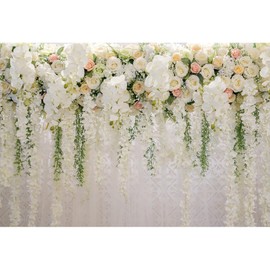 12x8ft Wedding Backdrop White Curtain Floral Wedding Ceremony Photography Background Bridal Shower Party Decor Lover Engagement Proposal Prom Banner Newborn Baby Shower Party Vinyl Wallpaper