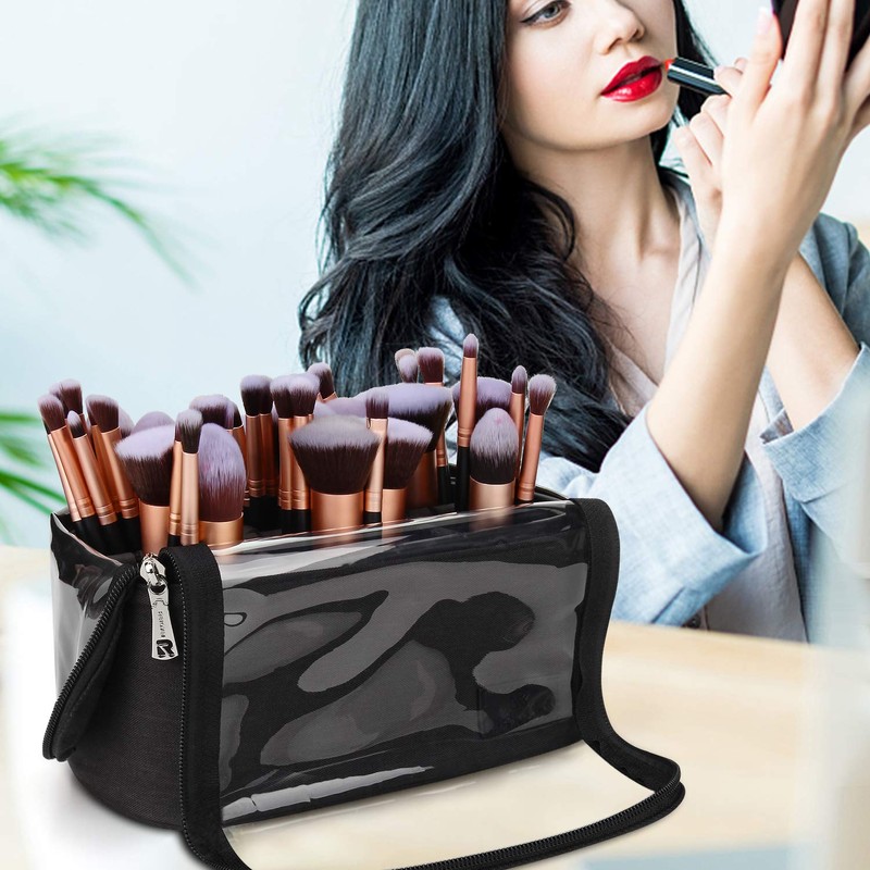 Relavel Travel Cosmetic Bag, Stand-up Makeup Brush Bag with Adjustable