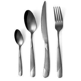 24-Piece Black Hammered Silverware Set, Food-Grade Stainless Steel Flatware Service for 4, Modern Cutlery Utensil Set with Forks Knives Spoons, Mirror Polished, Dishwasher Safe for Home Kitchen Dining