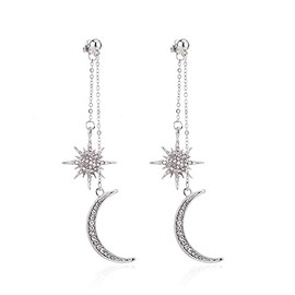 Dainty Long Dangle Earrings for Women Fashion Jewellry, Cute Gold Silver dangly, Upgrade Moon Stars Sun Earring-Silver