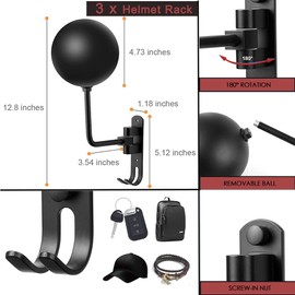 SANGMO 3 Pack 180° Motorcycle Helmet Rack, Rotation Metal Helmet Holder Wall Mount, Helmet Holder Bike with 2 Hooks Helmet Hanger for Motorcycle Bike Coats, Caps, Baseballs, Rugby Helmet(3 Pack)