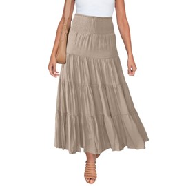 HAEOF Women's Summer Flowy Boho Maxi Skirt Trendy Smocked Waist Ruffle Tiered A Line Casual Beach Long Skirts Midi Dress(Khaki, M)