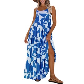 ECOWISH Women Sleeveless Maxi Dress: Summer Fashion Flower Print Cami Long Dress Pleated Tiered Flowy Swing Sundress Blue L
