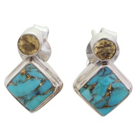 NOVICA Artisan Handmade Citrine Drop Earrings Indian with Composite Blue Turquoise Sterling Silver Reconstituted Gemstone Birthstone [0.6 in L x 0.4 in W x 0.2 in D] ' Turquoise Sparkle'