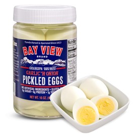 Bay View Pickled Eggs, No Artificial Ingredients, Gluten Free, 0g Sugar, 6g Protein, Fresh Grade A Eggs, Boiled and Peeled (16oz, Garlic 'N Onion)