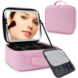 SLUMAZI Travel Makeup Bag with LED Mirror Travel Makeup Organizer with 3 Lighted Settings, Adjustable Dividers and Makeup Brush Storage Bag Light Pink