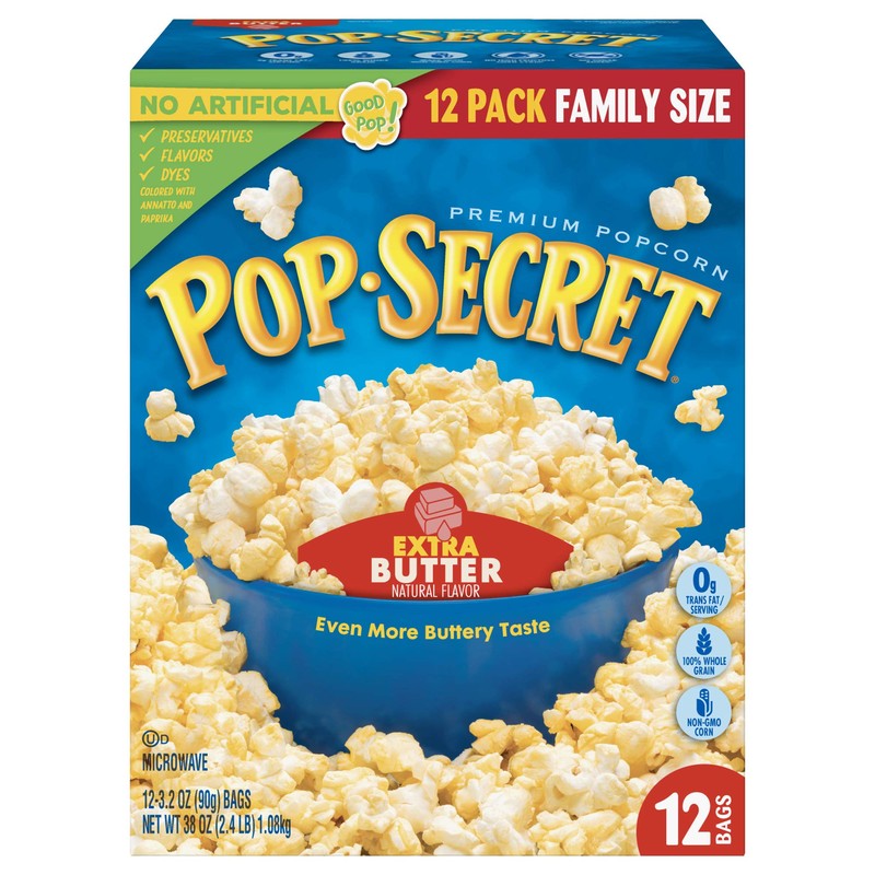 Pop Secret Popcorn, Extra Butter, 3.2 Ounce Microwave Bags, 12