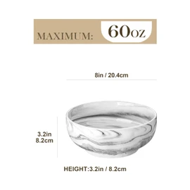 MALACASA Large Serving Bowls, 60 OZ (8'') Salad Bowls Set of 2, Ceramic Mixing Bowls for Kitchen, Serving Bowl for Soup, Pasta, Side Dishes and Entertaining, Marble Grey, Series REGULAR