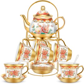 Gandeer 20 Pieces Porcelain Tea Set for Adults with Metal Holder European Ceramic Tea Set Cup Saucer Gold Plated Ceramic Tea Set Vintage Flower Tea Party Set for Women, Serving 6 People (Classic)