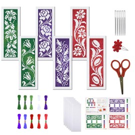 FREEBLOSS 6 Set Cross Stitch Bookmark Kit Stamped Cross Stitch Kit Hollow Flowers Theme Embroidery Set with Instruction for Adults 8''*2.4''