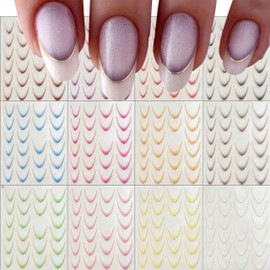 12Sheets Gradient French Tips Line Nail Stickers 3D Self-Adhesive Colorful Stripes Line Transfer Decals Curved Lines Nail Art Designs Nail Tips Manicure Accessories for Women Nail Art Decorations