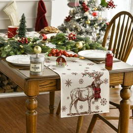 Artoid Mode Buffalo Check Snowflakes Reindeer Christmas Table Runner Winter Xmas Kitchen Table Decoration Holiday Party Decor 40 x 180 cm