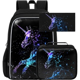 UFNDC 3PCS Unicorn Backpack for Girls, 17" Kids Bookbag with Lunch Box, Water Resistant School Bag for Elementary Preschool Toddler