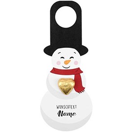 Herz & Heim® Flaschenanhänger zu Weihnachten - Schneemann mit Schokoladen Herz und Aufdruck des Wunschnamen Groß
