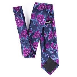 Alizeal Mens 3.15inches Rose Flower Pattern Tie with Floral Printed Pocket Square Set, Navy/Magenta