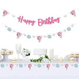 Big Dot of Happiness - Pawty Like a Puppy Girl Pink Dog Birthday Party Banner - 36 Pennant Cutouts & Happy Birthday Letters