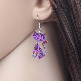 BONSNY CAT Collection "CAYLEIGH Statement Pop-Art Kitten Long drop Earrings (Purple)