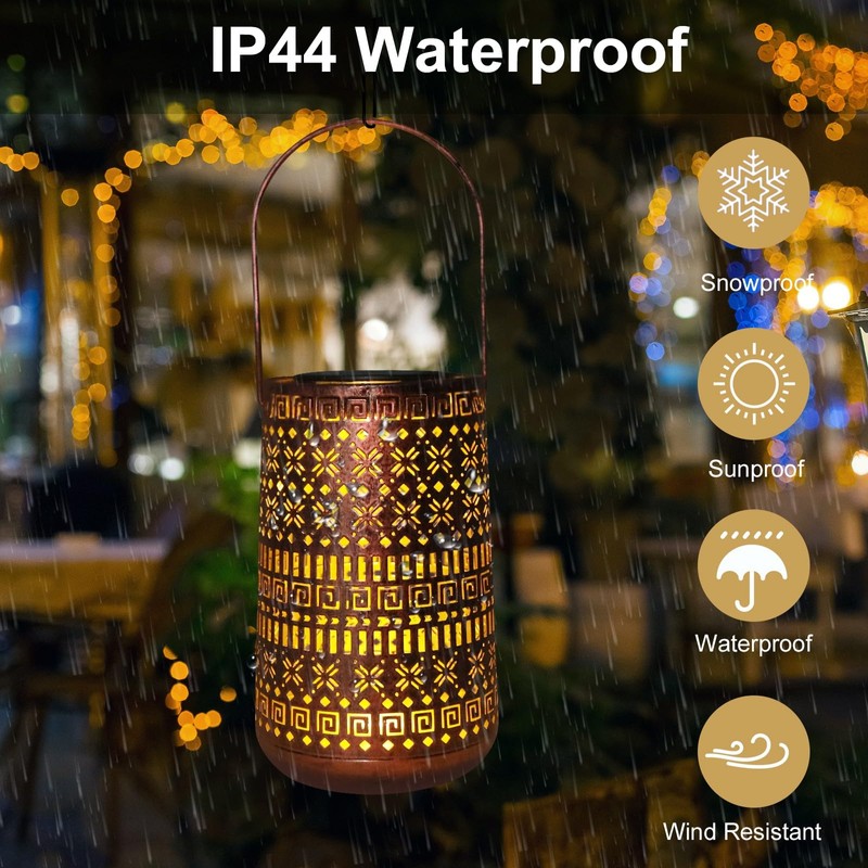 Solar Lantern Outdoor Hanging Lights, Moroccan Metal Hollow-Out Solar Lantern