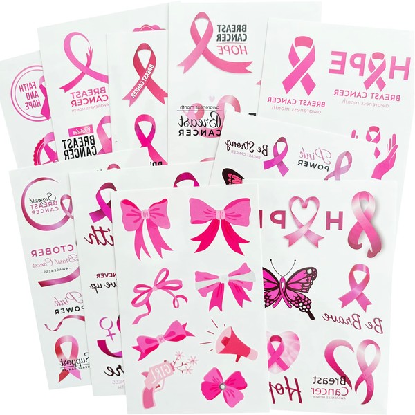 Pink Ribbon Tattoos,Breast Cancer Awareness Temporary Tattoo,Pink Butterfly Tattoo Sticker, 10-Sheet