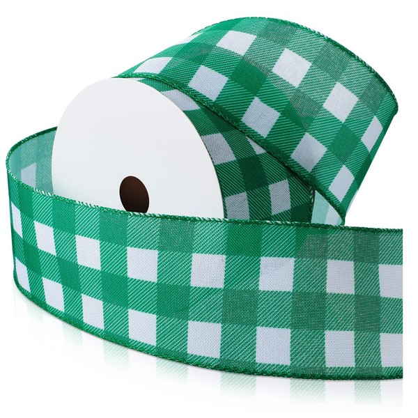 Yaazi 15 Yard St. Patrick's Day Wired Edge Ribbons Buffalo Plaid Burlap Ribbon for Gift Wrapping Crafts Tree Decoration (Green White,2.5 Inch Wide)