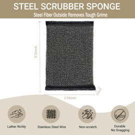 Bakayoyo 6 Pack Heavy Duty Steel Wool Scrubber Sponges, Stainless Steel Scrubbing Sponge for Pots, Pans & Grills, Multi-Surface Kitchen Dish Scrubber for Cast Iron & Griddle, Black