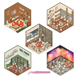 LALASTYLE 5 Sets DIY 3D House Stickers,3D Stickers Scene,Paper House Stickers,3D Miniature Scene Stickers,Make Your Own Bookstore,Baking Shop,Market,Convenience Store