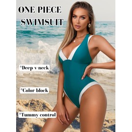 EHSUYAB - Traje de baño sexy de una pieza para mujer, con control de abdomen en V profundo, sin espalda, descarado, adelgazante, traje de baño de playa, Peacock Blue-white, X-Large