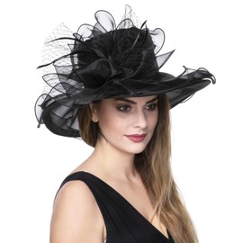 Women's Organza Church Kentucky Derby British Fascinator Bridal Tea Party Wedding Hat Summer Ruffles Cap(Hj23-Black)
