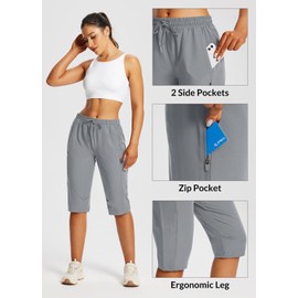 baleaf Women's Below Knee Long Hiking Cargo Shorts UPF 50 3/4 Capri Lightweight Water Resistant Zip Pocket Elastic Waist Frost Gray L