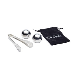 BarCraft Ice Ball Set, Stainless Steel, Pack of 2 Reusable Ice Cubes with Tongs and Storage Bag, Silver