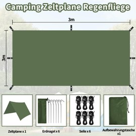 KOIUEYW Tarp Waterproof 3 x 3/3 x 4/3 x 5 m, Camping Tarp Ultralight Tent Tarpaulin Waterproof, Anti-UV Snow Rain Tent Tarpaulin with Eyelets for Camping, Picnic, Hiking, Hammock, Outdoor Activities - Green