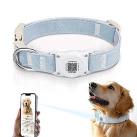 Airtag Dog Collar QR Code - IP68 Waterproof Integrated Air Tag Dog Collar Holder ID Tag - Free Pet Online Profile - Durable Natural Cotton Hemp - Fits for Small Medium Large Dogs (Blue, M)