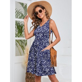 Heymoments Women Summer Dress Vine Flower Medium Sleeveless V Neck Casual Cute Loose Sundress Comfy Swing Button Down Midi Work Flowy Tunic Ladies Beach Vacation Teacher Dresses with Pockets