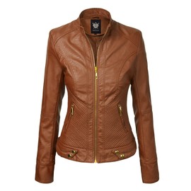 LL WJC747 Womens Dressy Vegan Leather Biker Jacket M CAMEL