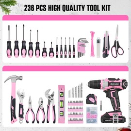 Bielmeier 20V 236Pcs Cordless Pink Drill Set - Essential Women's Pink Tool Set, Lady's Basic Home Tool Kit with Pink Tool Bag - All in One Pink Tool Kit Ideal for DIY, Home Improvement