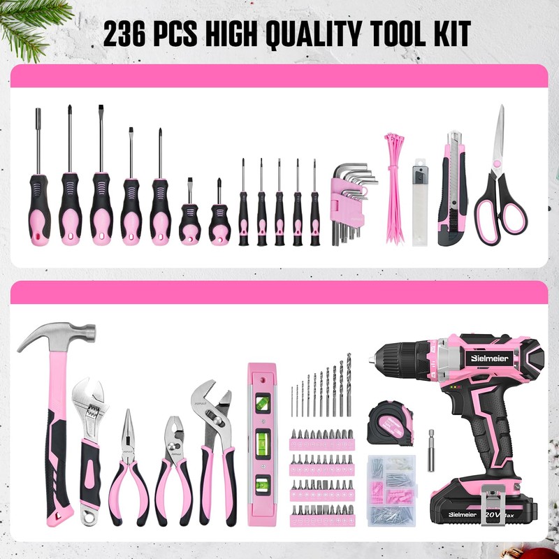 Bielmeier 20V 236Pcs Cordless Pink Drill Set - Essential Women's