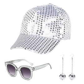 EUPSIIU 3 Pcs 70s Disco Accessories 1970s Disco Costume,Silver Disco Hat for Adults 70s Disco Accessories with Sequins Hat Sunglasses Earrings Disco Costume Set for Party Birthday Dance (3 Pcs)