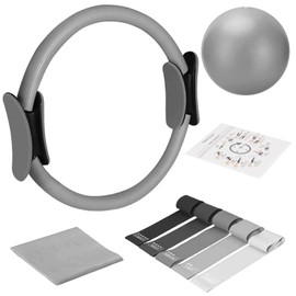 TOPZGLEEY Pilates Ring Set – 14" Anti-Deformation Magic Circle with Padded Handles, Mini Ball, 5 Resistance Bands, Guide, Pilates Equipment for Home Workout (Grey)