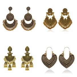 4 Pair Traditional Vintage Retro Antique Silver Gold Boho Bohemian Jewelry Ethnic Tribal Gypsy Engraved Hook Drop Dangle Jhumka Bells Tassel Earrings for Women -Style 2