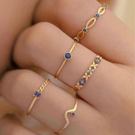 yuruyi Gold Plated Rings for Women, Thumb Stackable Rings Set for Women Non Tarnish, Color Rhinestone Joint Finger Band Jewlery Gift for Brithday Party Porm (Blue CZ-5PCS)
