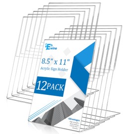 EHWINE 12 Pack 8.5 x 11 Acrylic Sign Holder, Clear Plastic Signs Display Stand, Vertical Slanted Back Paper Holder Stand up Table Top Sign Holders Flyer Stand Frames Suitable for Office Business Store