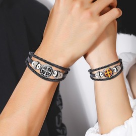 2Pcs Glow in The Dark Medalla de San Benito Bracelet 3-layer Leather Christian Cross Bracelet Wristband Adjustable Drawstring for Men Father Husband Couples Jewelry (Black)