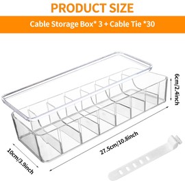 3 Pack Cable Storage Box Cable Tidy Box with 30 Cable Ties Clear Cables Management box Charger Plastic Storage Box with Lid for Household Cable Charger Electronic Accessories Storage