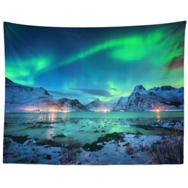 BELECO Northern Lights Tapestry Wall Hanging Aurora Borealis Tapestry 80x60 Inch Snow Mountains and Lake View Starry Night Norwegian Winter Tapestry Wall Decor for Living Room Bedroom Dorm