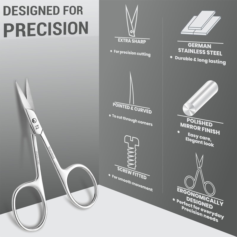 ZIZZLON Cuticle Scissors Extra Fine Curved Stainless Steel Eyebrow Scissors,