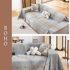 Ksriylm Grey Chenille Couch Cover Boho Geometric Jacquard Sofa Covers for 3 Cushion Couch Reversible Couch Cover for Cat Dog Pets Cream Sofa Slipcover Sectional Couch Throws Blanket Cover, 71"x134"