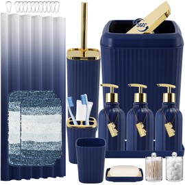 WSBArt 32PCS Bathroom Set Bathroom Sets with Shower Curtain and Rugs Navy Blue Bathroom Accessories,Shower Curtain Set,Bathroom Rug Set with Bathroom Trash Can